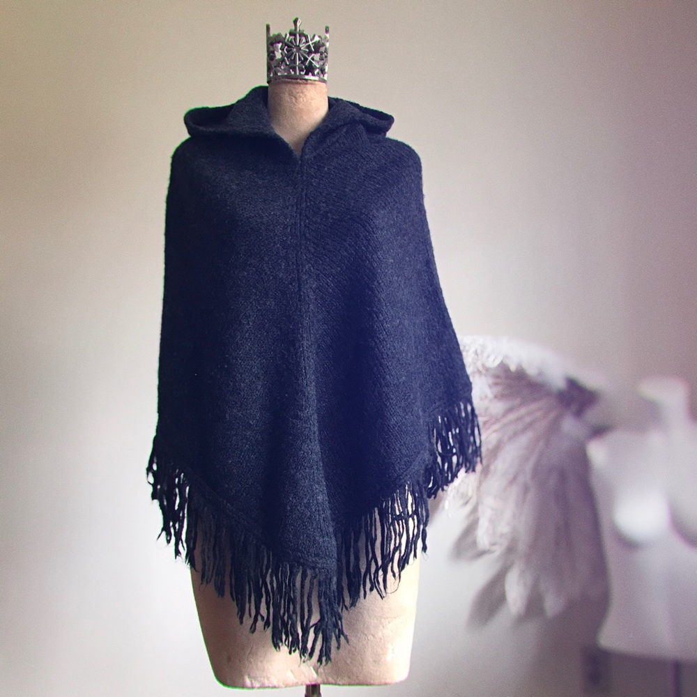 Boho knit poncho black/charcoal